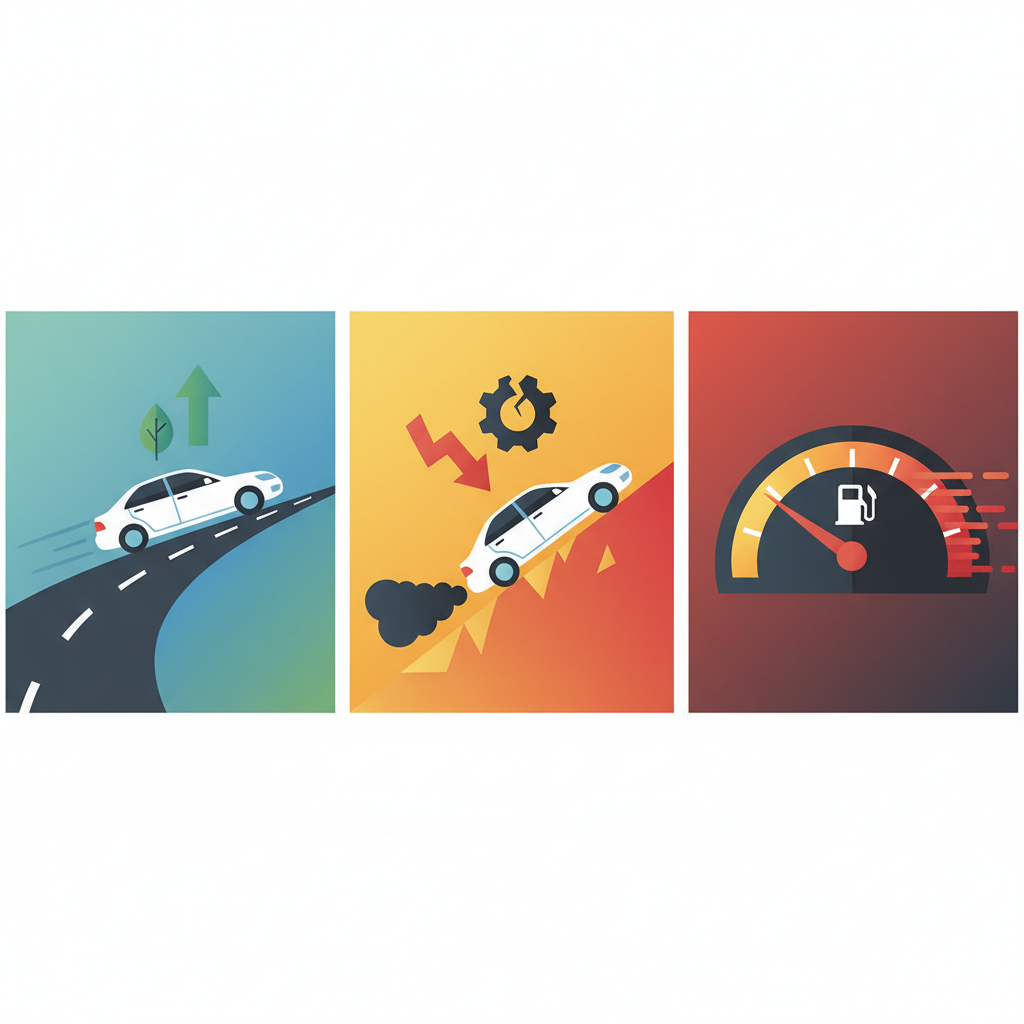 A vibrant, multi-panel flat illustration depicting the effects of a malfunctioning Luftmassenmesser on a car. One panel shows a smooth-running car on a road, perhaps with a green upward arrow for efficiency. A second panel shows the same car struggling uphill, emitting a puff of exhaust, with a red downward arrow signifying performance loss. A third panel features a stylized fuel gauge rapidly depleting. The overall aesthetic should be clean, modern, and easily digestible, using contrasting colors (e.g., green for good, red for bad) to convey the problems.