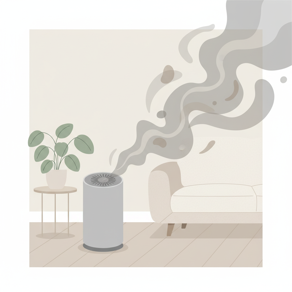 A modern, sleek air purifier stands in a minimalist living room corner. From its top vent, instead of clean air, abstract, swirling grey and brown smoke-like elements or subtle wavy stink lines visibly emanate, conveying an unpleasant odor. The overall aesthetic is clean and simple, but the emitted 'air' suggests something is wrong. The mood should be slightly unsettling, contrasting with the purifier's intended purpose. Style: Flat illustration with a soft, slightly muted color palette, emphasizing the visual representation of bad smell without being overly literal.