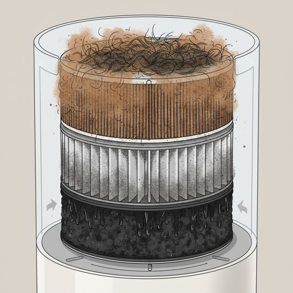 A detailed cutaway diagram showing the internal filter components of an air purifier. Focus on a stack of three distinct, visibly dirty filters: a brownish, dust-laden pre-filter with trapped hair and large particles, a greyish, saturated HEPA filter showing embedded finer dust and grime, and a dark, granular activated carbon filter appearing clumpy or exhausted. The surrounding air purifier casing is implied, highlighting the internal problem. Style: Detailed technical illustration or infographic style, emphasizing texture and accumulated dirt.