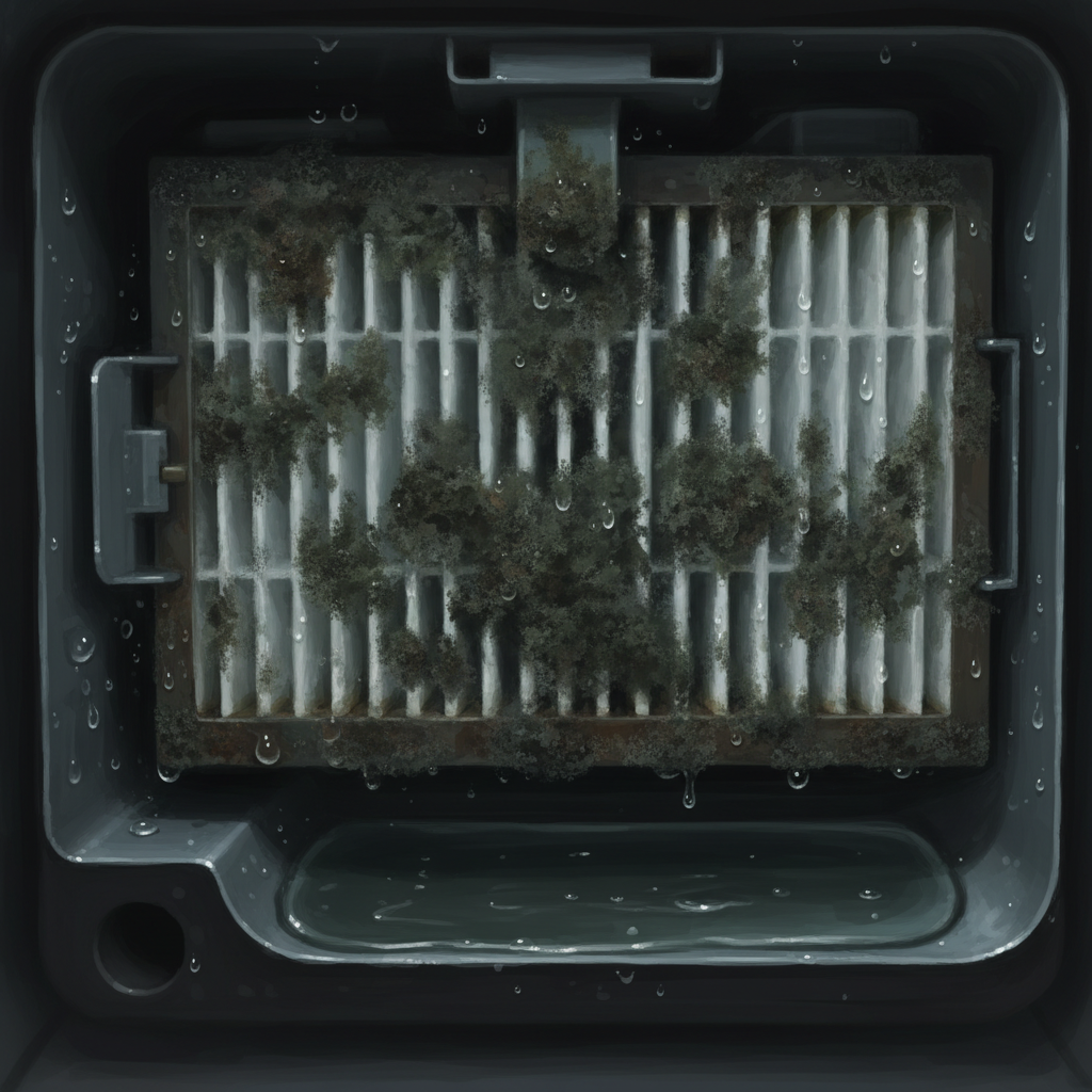 A close-up, internal view inside a section of an air purifier, focusing on an area affected by moisture and mold. Patches of greenish-black mold are clearly visible growing on damp internal surfaces or directly on a filter element that appears visibly wet or darkened by water. A small accumulation of standing water or condensation might be visible in a crevice. The lighting is slightly dim to convey a damp, enclosed environment. Style: Semi-realistic digital painting or rendering, focusing on the textures of mold and wetness.