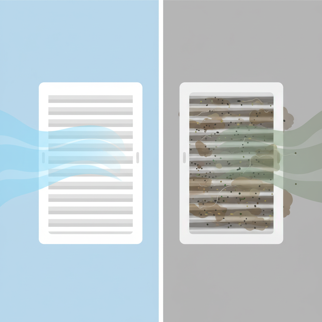 A split-screen illustration contrasting a clean air purifier filter with a dirty one. On the left side, a pristine, white, accordion-pleated HEPA filter appears spotless, with subtle, light blue air currents flowing cleanly through its structure. On the right side, the exact same filter type is shown, but it's visibly clogged with brownish-grey dust, debris, and perhaps faint wavy lines suggesting a bad smell. The background for both sides is clean and neutral. Style: Clean, minimalist flat illustration with strong visual contrast between the 'clean' and 'dirty' states.