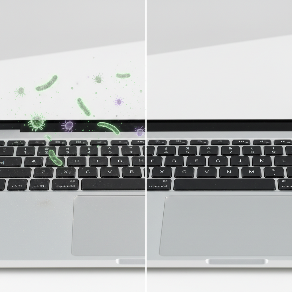 A visually striking split image depicting a MacBook keyboard and trackpad. On the left side, the surfaces are clearly visible with smudges, fingerprints, and a subtle overlay of stylized, translucent green or purple microscopic 'germs' or 'dust particles' hovering above the keys. On the right side, the exact same MacBook surfaces are impeccably clean, shining brightly, and free from any imperfections or floating particles. The entire scene should be captured as a professional, high-resolution product photograph, with crisp focus and soft, even lighting, emphasizing the contrast between dirty and pristine.