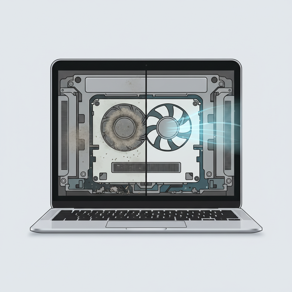 An elegant, clean infographic-style illustration presenting a cross-section or cut-away view of a MacBook, specifically highlighting the internal cooling vents, fan area, and the spaces beneath the keys. The left side of the illustration shows these internal areas with accumulated dust bunnies and grime, depicted with muted, slightly textured grey tones. The right side mirrors this view, but the internal components are completely clean and pristine, perhaps with a subtle 'fresh air' visual effect emanating from the vents. The overall aesthetic should be modern, minimalist, and easy to understand, using a limited color palette that contrasts cleanliness with dirt.