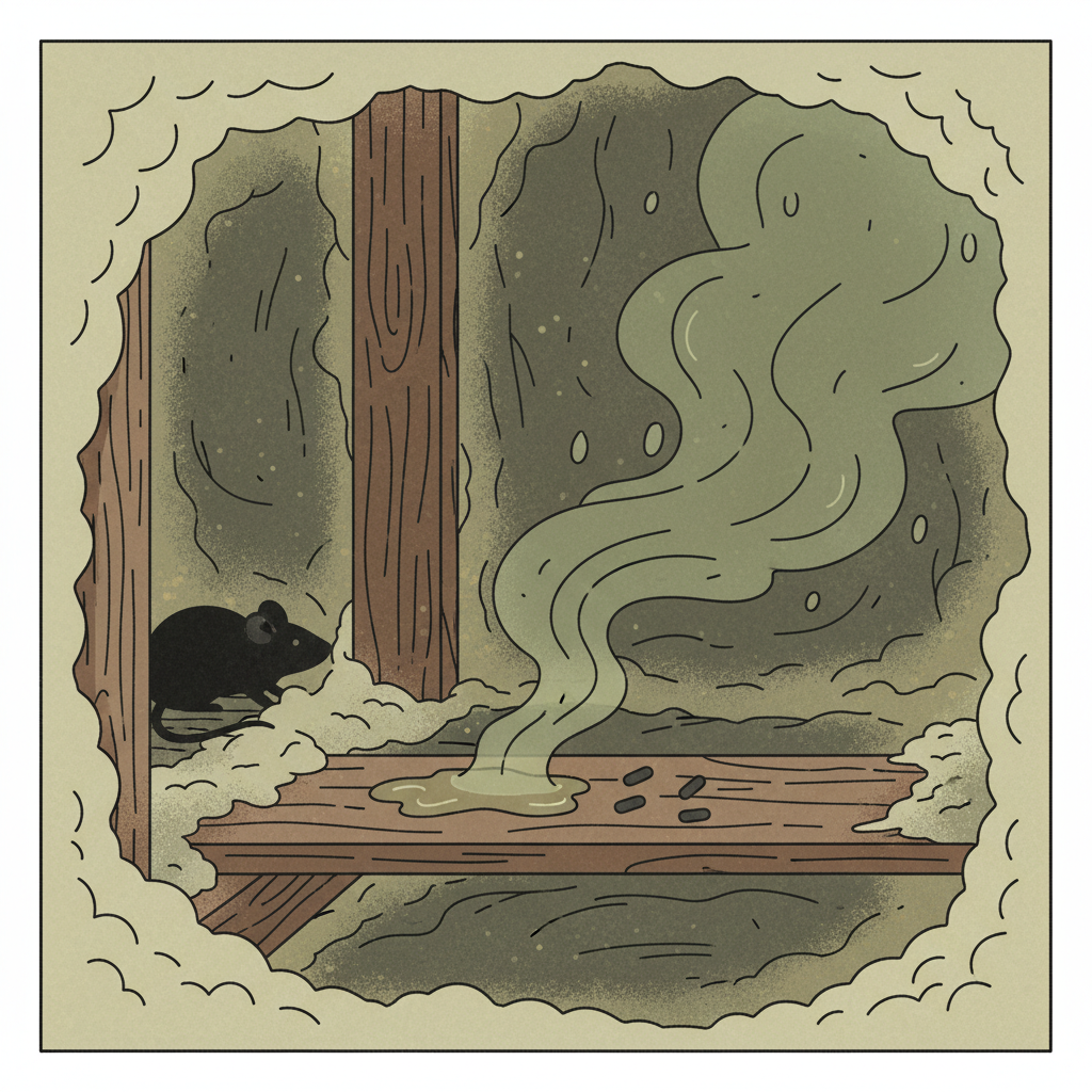 A stylized flat illustration depicting a hidden, dusty corner of a house, perhaps within a wall cavity or attic space. A tiny, subtle silhouette of a mouse is partially visible in the shadows. The focal point is a small pool of liquid and several tiny dark pellets on a wooden beam or insulation material. From these spots, a faint, swirling cloud of unpleasant, greenish-brown odor visibly emanates and begins to permeate the surrounding porous materials. The overall mood should be slightly dingy and emphasize the source of the persistent smell.