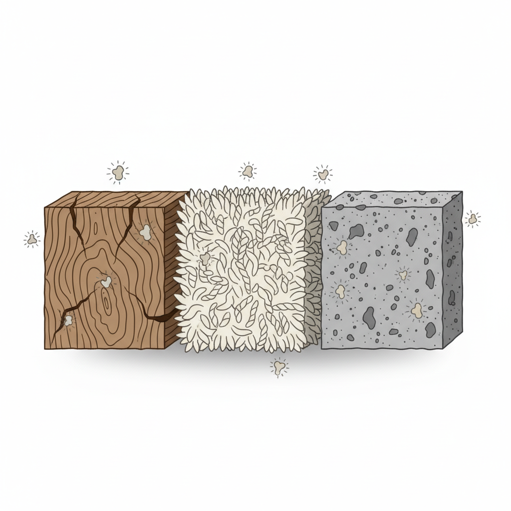 An infographic-style illustration showcasing a cross-section of various common household materials side-by-side: a piece of rough wood grain, a section of soft carpet with visible fibers, and a block of concrete. Each material is depicted with its characteristic porous texture. Tiny, stylized, light grey 'odor molecules' are shown deeply embedded and trapped within the microscopic pores and fibers of each material, illustrating the persistent nature of the smell. The design should be clean, informative, and visually explain how odor molecules cling to different surfaces.