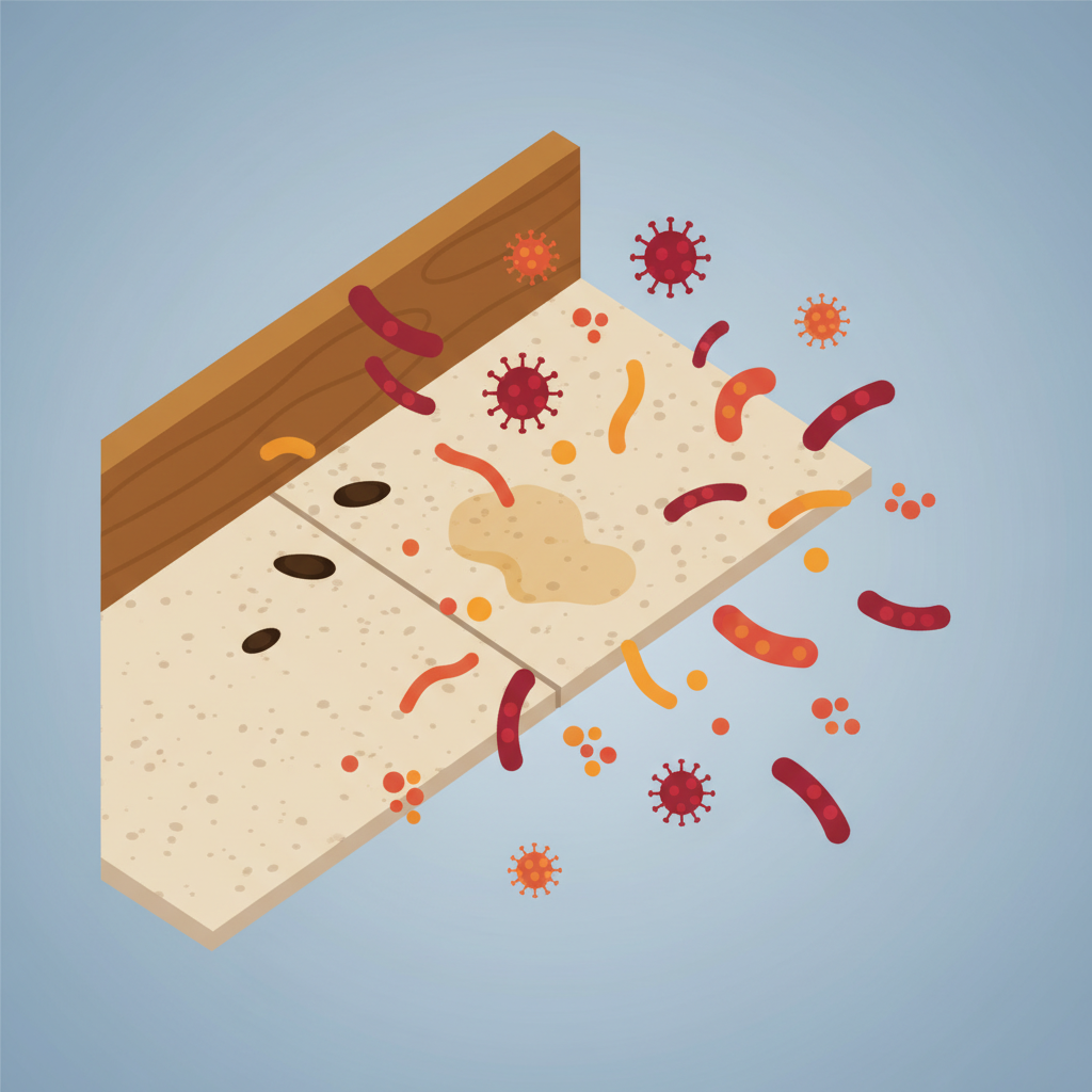 An infographic-style illustration highlighting the health risks associated with mouse presence. The scene features a close-up, slightly magnified view of a domestic surface, such as a tiled floor or wooden baseboard corner, showing small, stylized mouse droppings and a subtle, dried urine stain. Emerging from and surrounding these elements are abstract, microscopic shapes representing viruses and bacteria (e.g., spiky spheres, rod-like forms) rendered in warning colors like red or orange. The background is clean and clinical, emphasizing the invisible dangers. The overall impression is informative and cautionary.