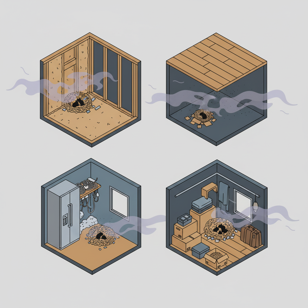 A stylized cross-section of a modern house interior, revealing common mouse hiding spots. Illustrate a cutaway wall cavity, a section under floorboards, behind a kitchen appliance (like a stove or refrigerator), and a corner of an attic or storage area. Within these hidden spaces, depict small, subtle mouse silhouettes or cozy nests made of scavenged material. From these locations, subtle, wavy lines or a faint, pervasive purple-grey haze gently radiate outwards, visually representing the unpleasant mouse odor spreading through the home. The overall style should be a clean, modern flat illustration with an isometric perspective, using muted, professional colors to convey a serious but accessible tone.