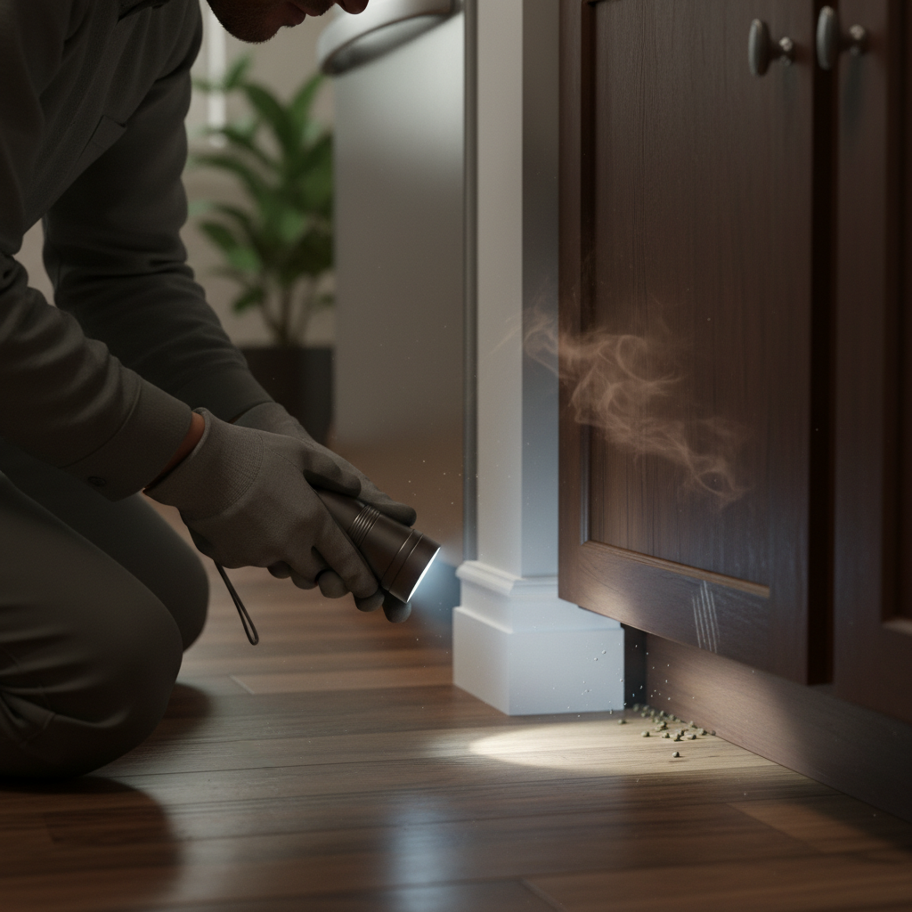 A detailed, professional photo-realistic illustration depicting a person, from the shoulders down, systematically inspecting a potential mouse hiding spot inside a home. The individual is crouched, holding a flashlight beam illuminating a dark crevice near a baseboard or behind a kitchen cabinet. Subtle visual cues of mouse activity are present, such as tiny dark droppings or faint gnaw marks on wood. The air in the vicinity of the hidden area shows a very subtle, almost imperceptible visual distortion or a faint, unpleasant brownish haze, symbolizing the strong mouse odor emanating from within. The overall aesthetic should be clean, focused, and realistic, suitable for a practical guide.