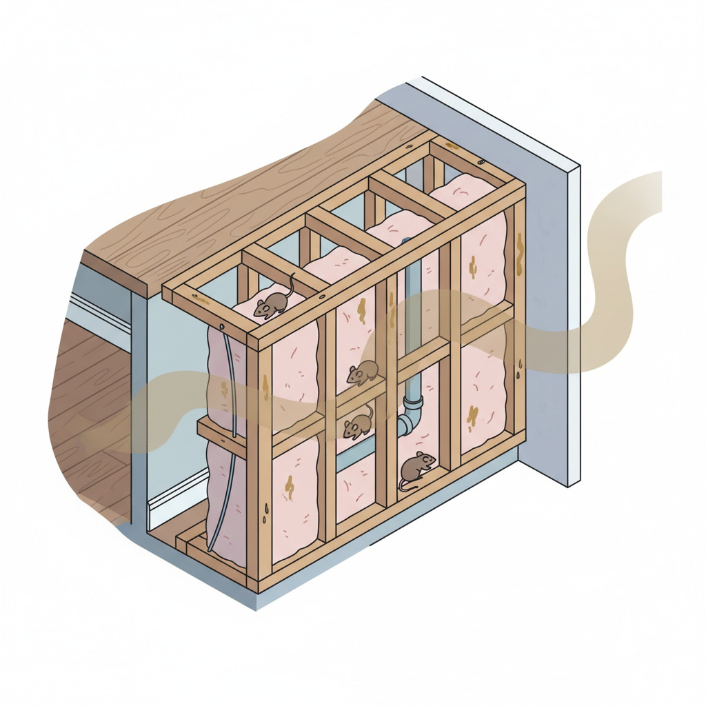 A detailed isometric cutaway illustration of a residential wall or floor section, revealing hidden structural cavities like insulation gaps and behind drywall. Tiny, unobtrusive mice are depicted scurrying or hiding within these confined spaces. Subtly visible are small, dark yellow droplets or faint smears representing mouse urine and gland secretions on porous materials such as wood beams or insulation. A faint, wavy, brownish-yellow mist or haze subtly emanates from these hidden sources, gently spreading into the adjacent visible living space, indicating the origin and spread of an unpleasant odor. Style: Clean, modern architectural illustration with a slightly muted color palette, emphasizing the hidden problem.
