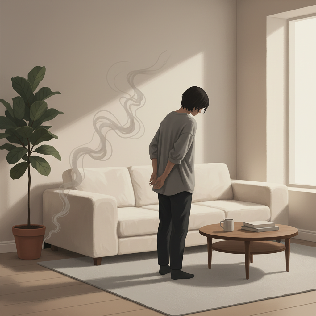A warm, inviting living room scene, but with a subtle underlying tension. A minimalist interior with a plush sofa, a wooden coffee table, and a potted plant. From a discreet, unseen source, such as beneath a floorboard near a wall or behind a piece of furniture, a faint, translucent, grayish-brown 'odor cloud' subtly wafts into the air, visible as gentle, undulating wisps. A person (viewed from the back or side, face partially obscured) stands in the room, head slightly tilted, and shoulders subtly tensed, giving the impression of having just detected an unwelcome smell. Style: Soft, modern digital painting or flat illustration with a slightly desaturated color scheme to convey a sense of unease.
