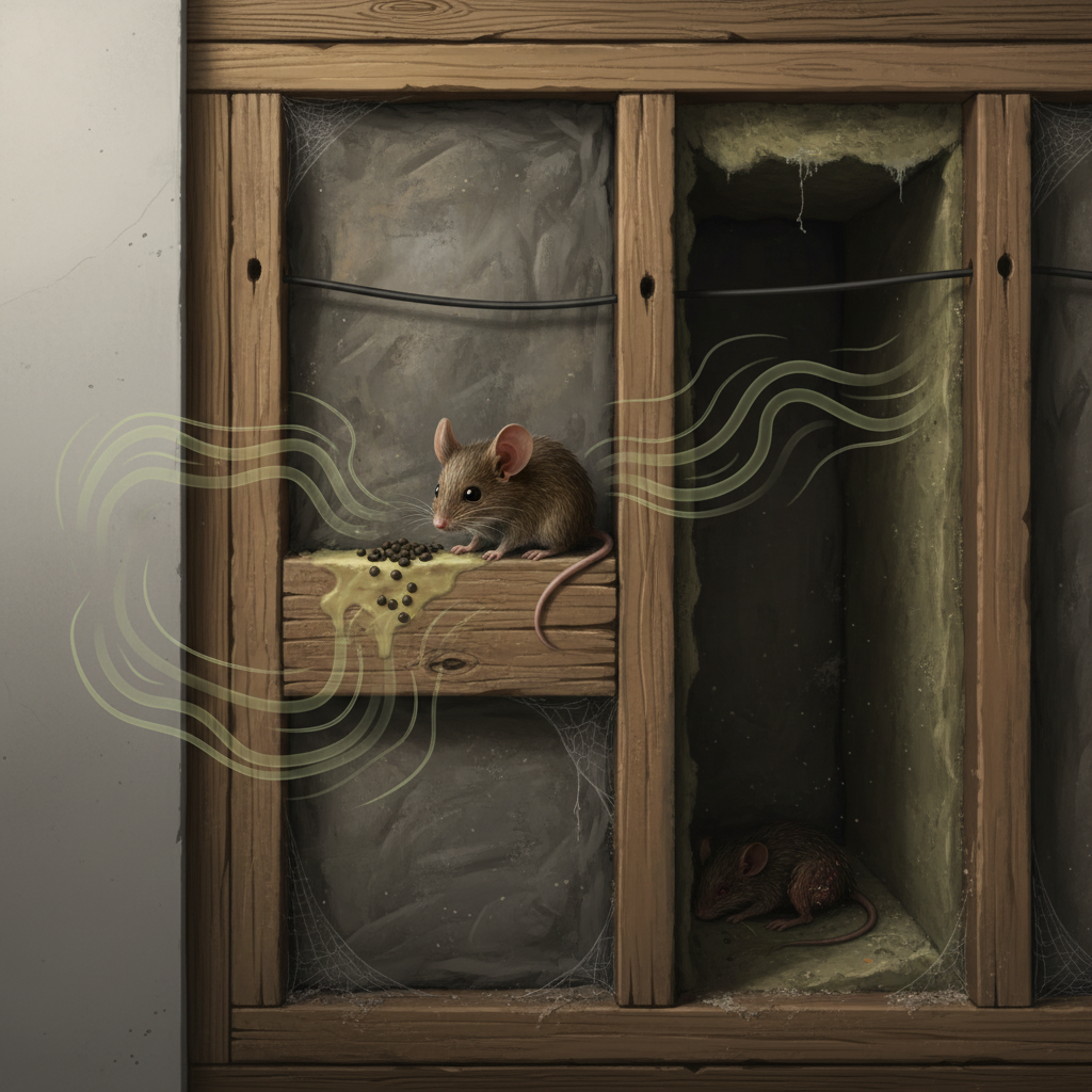 A detailed, realistic digital painting showing a cross-section view of a typical household wall or floor cavity. Inside the cavity, a small brown mouse is visible near a small cluster of dark droppings and a subtle, yellowish liquid stain representing urine on the wooden beam. Faint, wavy lines emanate from these sources, visually suggesting an unpleasant odor spreading. In a slightly darker, more secluded corner of the cavity, a barely visible, deceased mouse adds to the source of the smell. The overall scene should highlight the hidden nature of the odor sources within the home's structure.