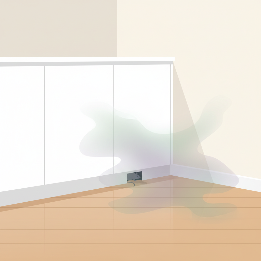 A vibrant, clean flat illustration depicting a subtle yet pervasive mouse odor in a modern home. The scene shows a corner of a domestic room, perhaps a kitchen or living area, with light-colored walls and a wooden floor. From a dark, narrow gap near a baseboard or behind a sleek kitchen cabinet, a faint, translucent, slightly green or purple wavy aura emanates, symbolizing the unpleasant, unseen odor. The silhouette of a tiny mouse can be subtly integrated into the shadows near the source of the smell, suggesting its origin. The overall mood is slightly unsettling despite the clean surroundings, conveying the hidden problem.