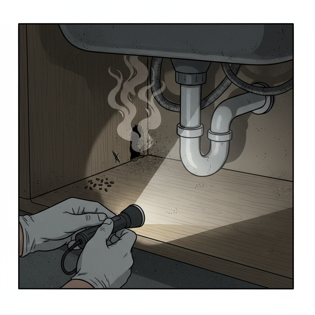 A detailed, clean digital illustration focusing on the identification of mouse activity and odor. The image shows a close-up perspective of a person's hands (or implied presence) carefully examining a dark, hard-to-reach area, such as beneath a kitchen sink or behind a piece of furniture. Visible indicators include a cluster of small, dark, rice-grain-like mouse droppings on a dusty surface, subtle gnaw marks on a wooden panel, and a distinct, wavy, musky-colored (e.g., brownish-grey) vapor visually emanating from a hidden crevice, representing the characteristic mouse odor. The scene highlights the combined signs of infestation.