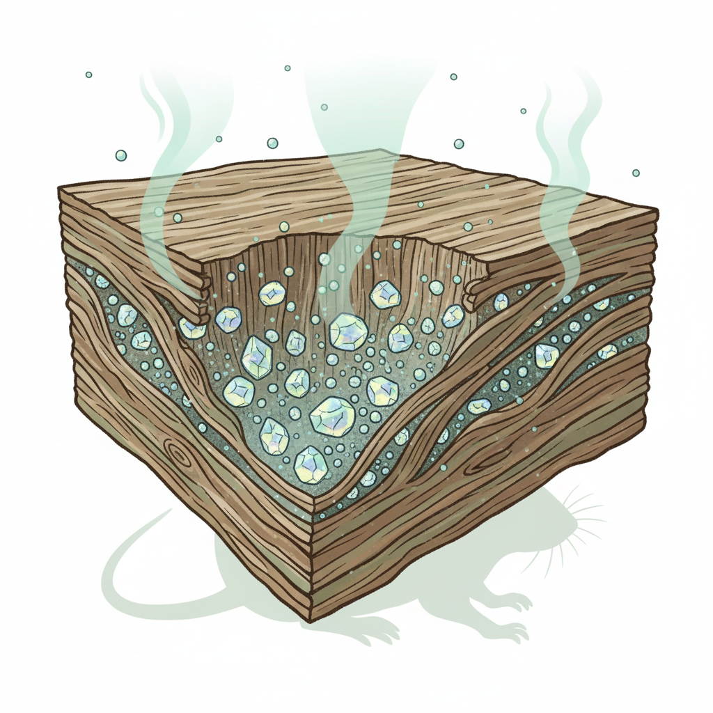 A detailed infographic-style illustration depicting a magnified view of a porous surface, such as wood grain or fabric fibers. Embedded within the material are tiny, shimmering uric acid crystals. Fine, almost invisible moisture particles are shown interacting with these crystals, causing subtle, wavy lines or 'smell clouds' to emanate upwards. The background could subtly feature a stylized, silhouette outline of a mouse, linking the source without being a direct focus. Use clean, scientific-drawing aesthetics with a palette of blues, greens for moisture, and earthy tones for the surface.
