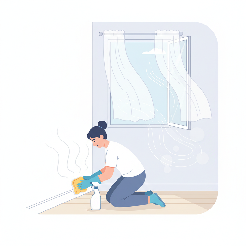 A flat illustration depicting a clean, bright room corner where a person, wearing protective gloves, is actively cleaning a floor or baseboard. A spray bottle and cleaning cloth are visible. An open window in the background indicates ventilation, with fresh air gently flowing in. Subtle, light grey or purple wavy lines represent the unpleasant odor being neutralized and dissipating from the cleaned area, replaced by faint, clear air currents. The scene should convey a sense of calm, effective action, and hygiene.