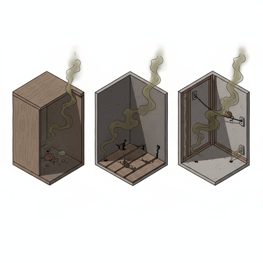 An isometric cutaway illustration of a typical household interior, revealing hidden spaces where mice might urinate. Show a section of a kitchen cabinet, under floorboards, and a wall cavity. Small, stylized mouse figures are subtly visible in these areas. Faint, dark yellow or green miasma-like trails emanate from these hidden spots, symbolizing the pervasive, hard-to-locate mouse urine smell. The overall atmosphere is slightly dim and dusty, emphasizing the hidden and persistent nature of the problem before intervention. The focus is on the visual representation of hidden odor sources.