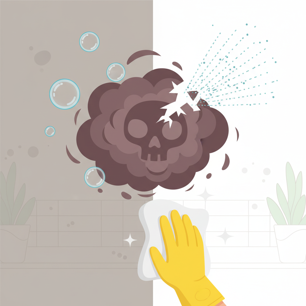 A vibrant, clean flat illustration depicting the effective neutralization of a strong odor. In the center, a stylized cloud of dark, unpleasant-looking vapor (representing mouse urine smell) is actively being broken down and dissipated by bright, fresh-looking elements like gentle soap bubbles, a spray mist, and a clean, absorbent cloth. A hand, gloved for protection, is part of the action, perhaps wiping away the last vestiges of the dark cloud. The background transitions from a dull, grimy area to a bright, pristine zone, symbolizing a fresh and hygienic environment post-cleaning. The focus is on transformation and cleanliness.