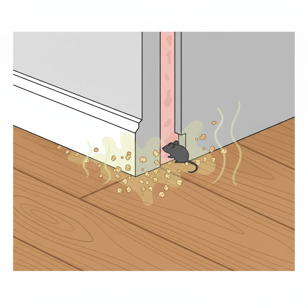 A detailed, clean flat illustration showing a cutaway view of a common household setting, like a baseboard meeting a wooden floor and part of a wall cavity. Focus on the microscopic and persistent nature of mouse urine smell. Depict tiny, dried urine crystals embedded within the grain of the wooden floor and subtly seeping into the wall material (e.g., insulation or plasterboard). Emanating from these stained areas are faint, wavy, yellowish-green vapor lines, symbolizing the unpleasant, ammoniak-like odor. A small, stylized mouse silhouette could be seen disappearing into the wall cavity, indicating the source. The overall feeling should be clean but highlight the pervasive hidden problem.