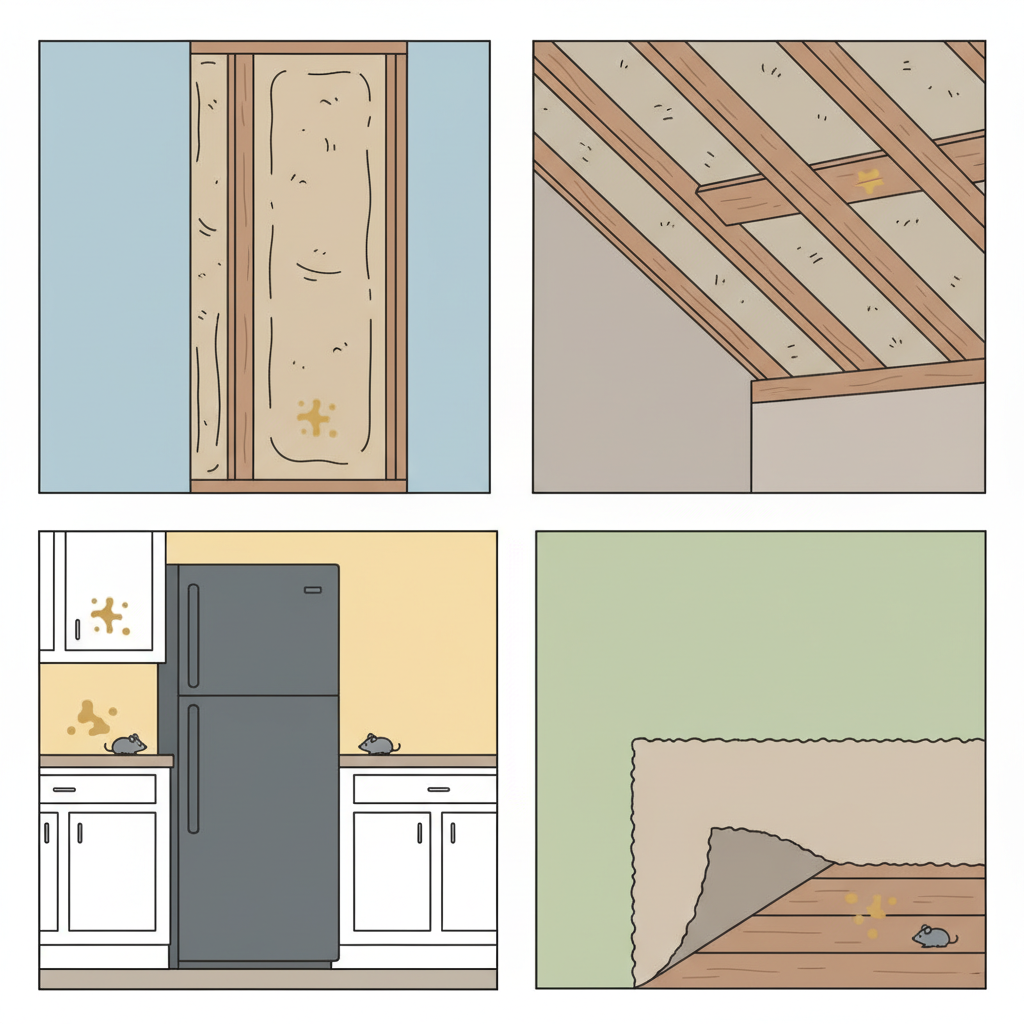 An infographic-style illustration depicting a simplified, partial cross-section of a house interior, highlighting common hidden areas where mouse urine accumulates. Show various elements like a wall cavity with insulation, the space behind a kitchen cabinet or appliance (like a refrigerator), a section of an attic with wooden beams, and a piece of carpet lifted to reveal the subfloor. Each of these specific locations should have a subtle, small indication of a dried mouse urine stain or a tiny, stylized mouse silhouette suggesting its presence without being overtly graphic. The aesthetic should be clean, informative, and use a muted color palette to clearly differentiate the hidden zones.