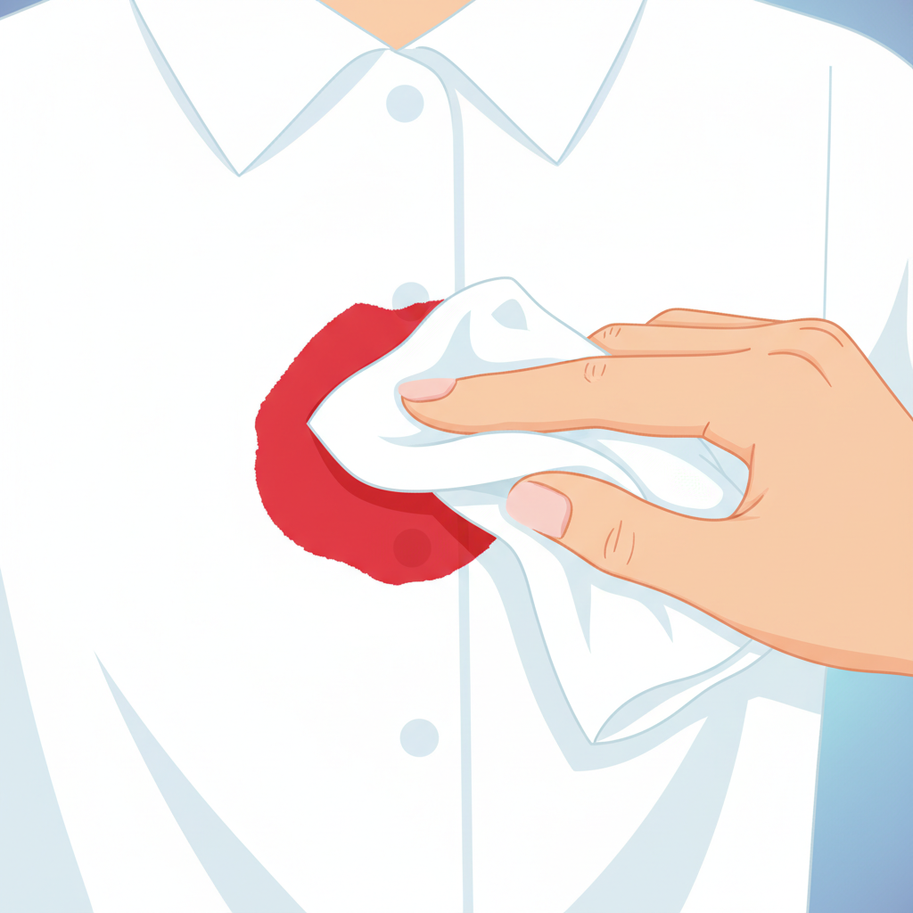 A vibrant, freshly applied red lipstick stain prominently mars a crisp white shirt, creating an immediate focal point. A hand, with manicured nails, is delicately dabbing the edge of the stain with a pristine white cloth or paper towel, emphasizing a gentle, non-rubbing action. The background is softly blurred, keeping the focus on the stain and the initial remediation attempt. The overall aesthetic is a clean, modern flat illustration with soft, appealing colors and clear lines, suitable for a helpful guide.