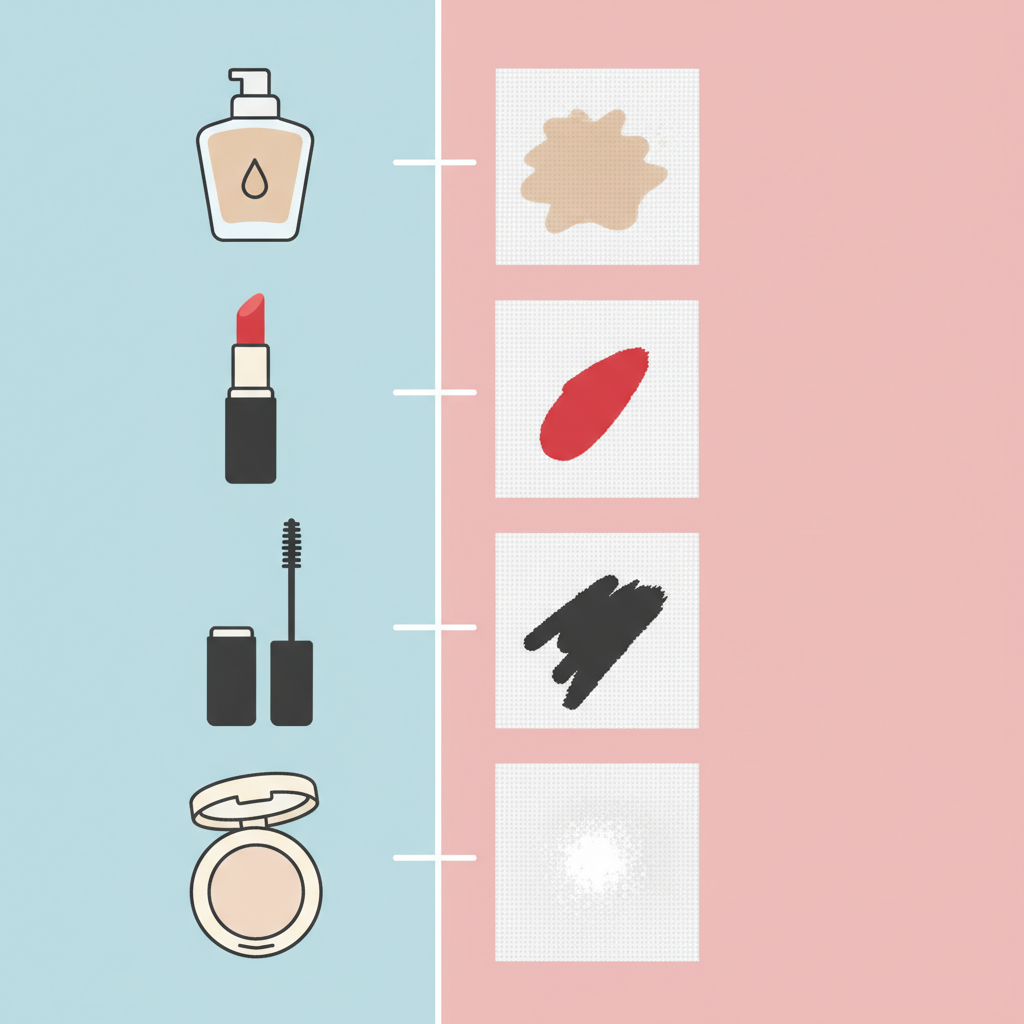 A clean, diagrammatic illustration showcasing different types of make-up and their typical stain appearances on fabric. On one side, distinct icons for liquid foundation, a lipstick tube, mascara wand, and pressed powder are neatly arranged. Next to each, a corresponding small fabric swatch (e.g., white cotton or silk) displays a representative stain from that product – a diffuse brown foundation mark, a bold red lipstick smudge, a dark mascara streak, and a fine powder residue. The style is bright and infographic-like, using clear visual separation and minimal detail to convey information effectively.