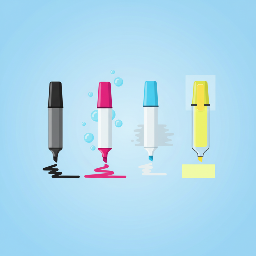 A vibrant, modern flat illustration depicting four distinct marker types. On the left, a permanent marker with a dark, bold line, conveying durability. Next to it, a washable marker in a bright, playful color, suggesting ease of removal. In the center, a whiteboard marker with a slightly faded, easily erasable appearance. On the right, a transparent yellow highlighter, showing a subtle, glowing effect. The composition should be clean, with crisp lines and a bright color palette, emphasizing the unique characteristics of each marker type purely through visual cues.
