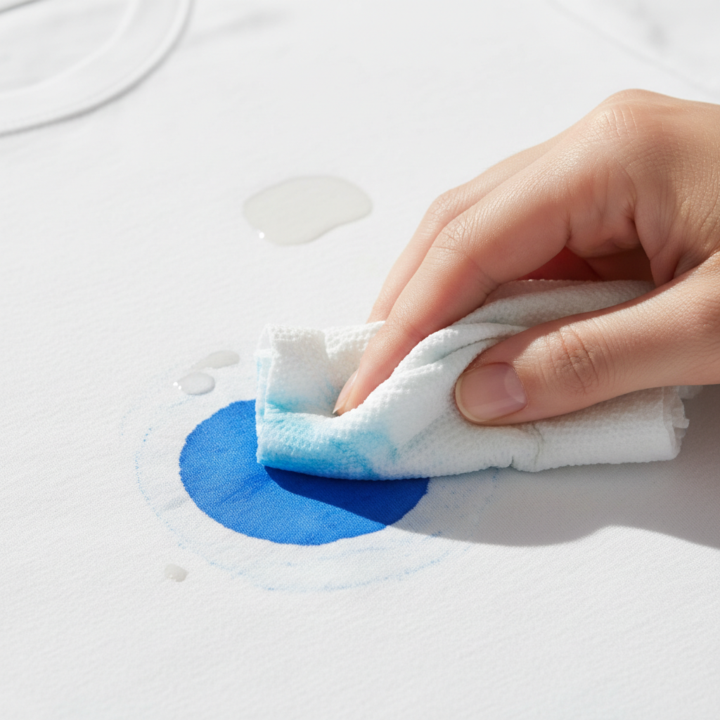 A professional, brightly lit close-up photo or hyper-realistic digital painting showing a hand carefully dabbing a fresh, vivid marker stain (e.g., bright blue or red) on a light-colored fabric, like a white cotton t-shirt or sofa cushion. The hand uses a clean, white cloth or paper towel, pressing gently at the outer edge of the stain, indicating a methodical approach. In the background, slightly out of focus, a small, discreet test patch on the fabric is visible, showing no adverse reaction from an applied cleaning agent. The scene conveys careful, immediate action.