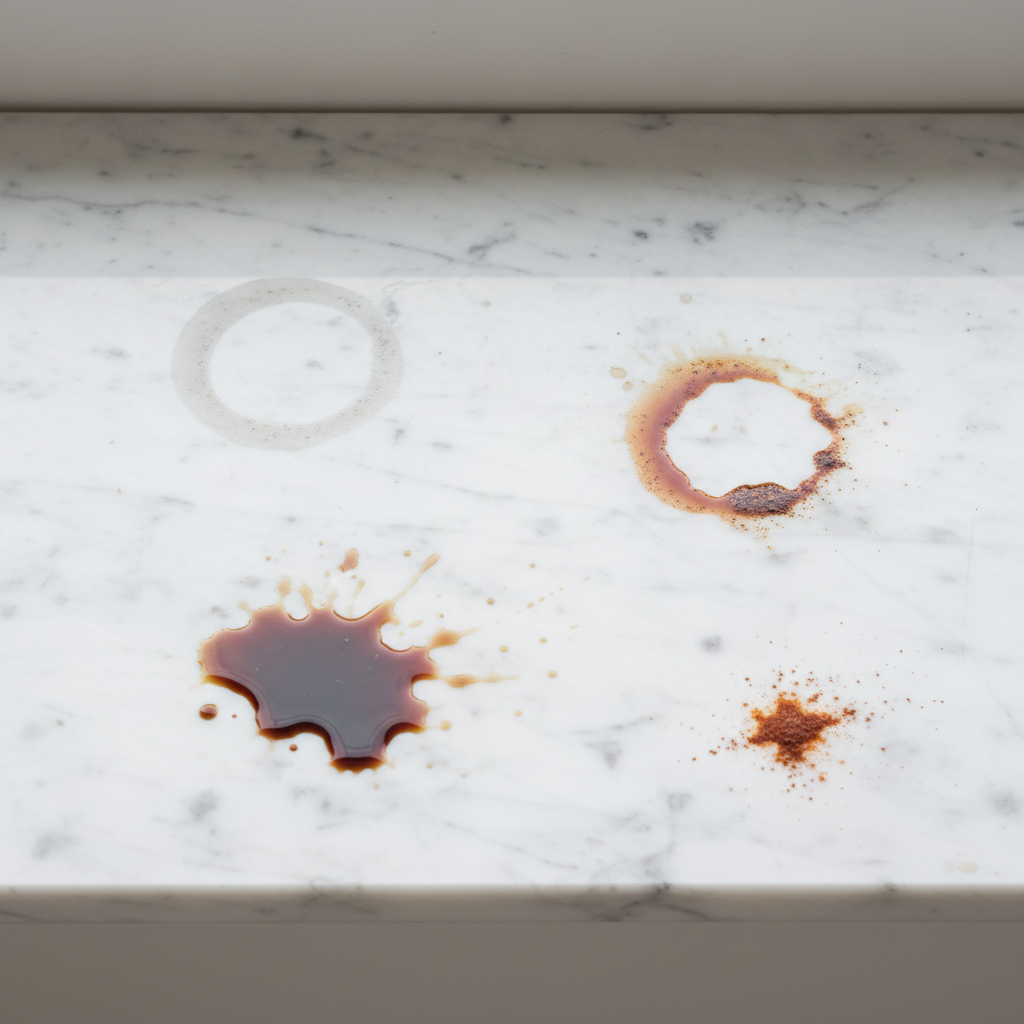 A top-down, slightly elevated view of an elegant, polished white marble window sill. Several distinct, well-defined stains are artfully arranged on its surface, contrasting sharply with the clean stone. Depict a circular, matte water ring, a dark, translucent oil stain, a reddish-brown coffee spill, and a small, reddish-orange rust mark from a forgotten metal object. The composition should highlight the visual differences between the stains, illustrating the article's point about various stain types. Professional studio product photography style, clean and sharp focus.