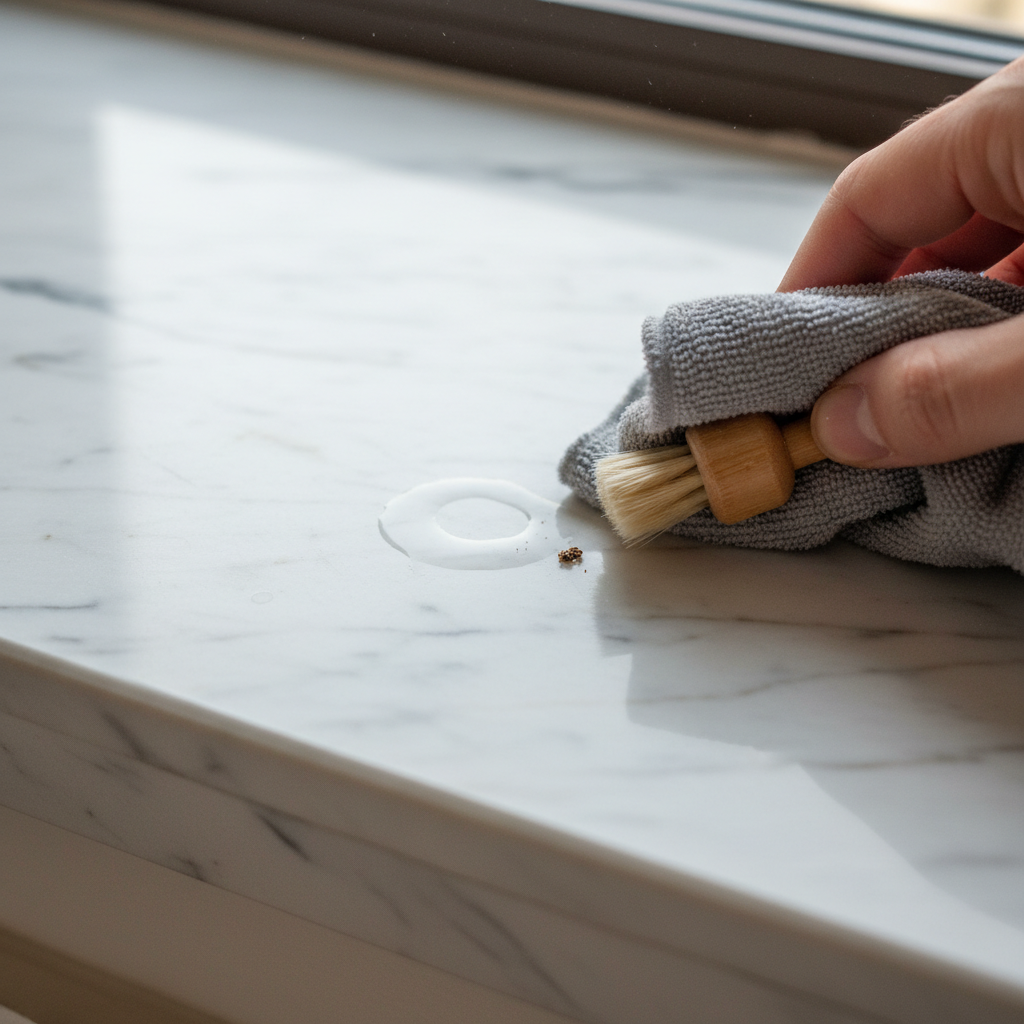A close-up, macro-style shot focusing on a section of a creamy white marble window sill. One specific, subtle stain, perhaps a faint water ring or a small, dark organic spill, is being gently attended to. A soft, microfiber cloth or a delicate brush is lightly dabbing or wiping the area, implying a careful cleaning process. The marble's natural veining and texture should be clearly visible. The lighting should be soft and natural, emphasizing the delicate nature of the stone and the gentle cleaning approach. Realistic, high-resolution lifestyle photography.
