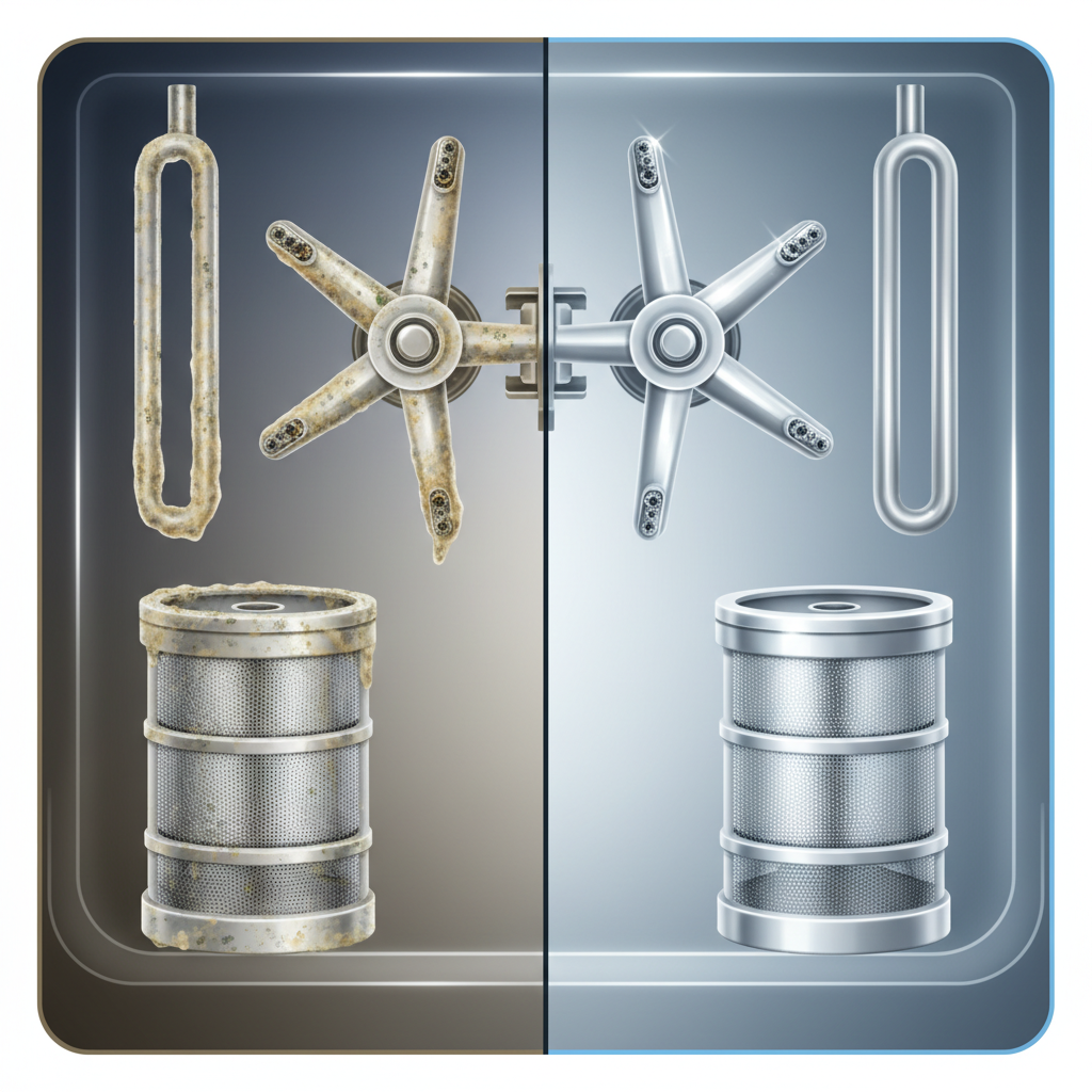A vibrant, detailed split-screen illustration of a household appliance's interior, perhaps a dishwasher or washing machine. The left side depicts internal components (heating element, spray arm, filter) encrusted with visible limescale, grease, and grime, appearing dull and worn, possibly with a subtle hint of bacterial growth. The right side shows the identical components sparkling clean, polished, and looking pristine, almost new, reflecting light. The overall style is clean and modern, using a cutaway view to reveal the inside, emphasizing the dramatic transformation from dirty and inefficient to hygienic and optimal performance.