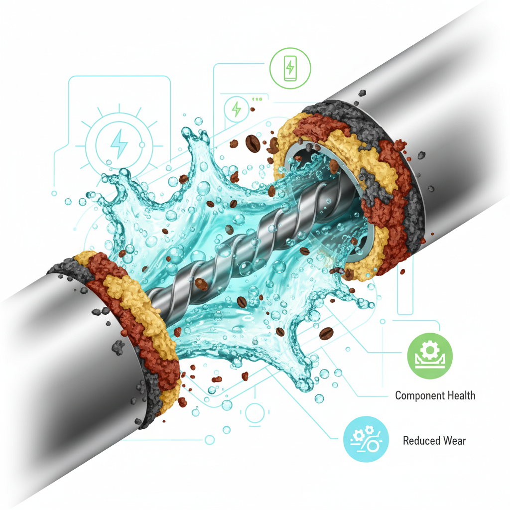 An infographic-style illustration focusing on the microscopic action within a machine. A cross-section of a machine's vital component, like a heating coil or a narrow pipe, is shown. It's heavily coated with abstract, textured deposits representing limescale, grease, and coffee residue. A flowing, effervescent cleaning agent, depicted as a dynamic blue or green liquid with active dissolving bubbles, actively breaks down and washes away these deposits. The background is clean and technical, highlighting the cleaner's role in maintaining component health, preventing wear, and enhancing long-term energy efficiency.