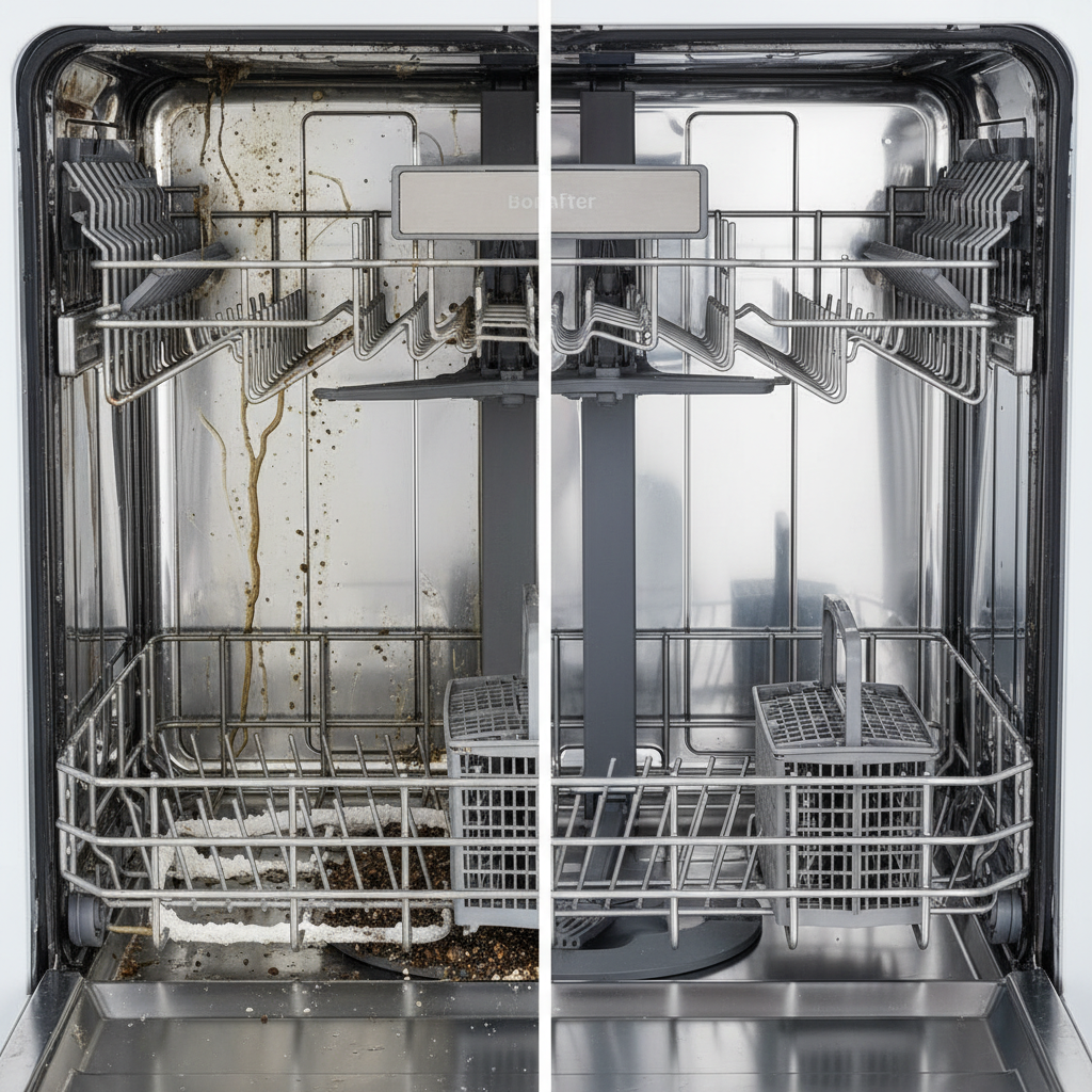 A professional photo capturing a 'before and after' comparison of a dishwasher interior. On the left side, the interior is visibly dirty with grease stains, dull metal, white limescale deposits on the heating element, and food residues in the filter. On the right side, the same dishwasher interior is sparkling clean, chrome parts gleaming, seals looking new, and the filter spotless. The contrast should clearly highlight the transformative effect of cleaning, emphasizing brightness and pristine condition.