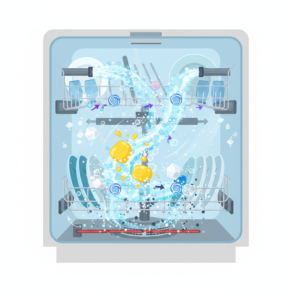 A vibrant flat illustration depicting a cutaway view of a dishwasher's interior during a cleaning cycle. Stylized cleaning agents, represented by tiny, effervescent bubbles or abstract energetic particles, are actively dissolving various residues. Show yellow blobs (grease) breaking apart, white crystalline structures (limescale) dissolving from heating elements and spray arms, and small dark specks (food particles/bacteria) being washed away from the filter area and seals. The overall scene should convey dynamic, thorough cleaning action.