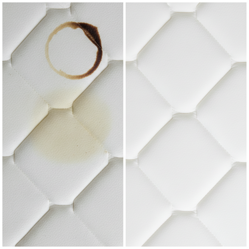 A split-screen or side-by-side comparison illustrating the transformation of a mattress. On one side, a close-up section of a white mattress fabric shows various common, visible stains like a coffee spill, a small urine mark, and a sweat discoloration, giving an unhygienic and worn impression. On the other side, the identical section of the mattress appears immaculately clean, fresh, and pristine, perhaps with a subtle glow or crispness. This visual contrast should clearly convey the success of cleaning and restoration. Professional product photograph style, emphasizing cleanliness and comfort.