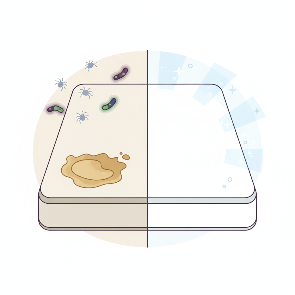 A modern, flat illustration depicting a conceptual split-view of a mattress. The left half of the mattress clearly shows a visible, stylized dirt or stain mark (e.g., a dried liquid ring) with subtle visual representations of microscopic elements like dust mites or bacteria floating above its surface, indicating unhygienic conditions. The right half of the mattress is pristine white, immaculate, and radiates a sense of freshness and cleanliness, with subtle, refreshing light rays or sparkles. The two halves should be distinctly separated, showcasing the clear 'dirty' vs. 'clean' state of the mattress surface.