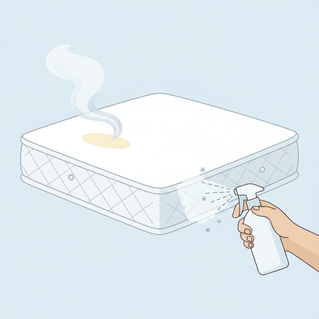 A clean, modern flat illustration depicting the urgency of mattress cleaning. On the left side, a section of a white mattress shows a subtle, light yellow stain and a stylized, wispy cloud emanating from it, hinting at an unpleasant odor and neglected state. The fibers appear slightly dull. On the right side, the same mattress section appears pristine white and fresh. A generic hand (without specific skin tone or gender) holds a plain spray bottle, actively misting a transparent liquid onto the clean area, with subtle 'sparkle' effects suggesting freshness and cleanliness. The overall image should convey a clear before-and-after of effective intervention, with no discernible branding on the spray bottle.