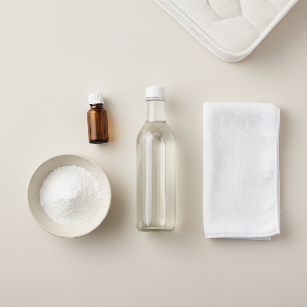A bright, professionally styled studio photograph with a clean, minimalist aesthetic, presented as an overhead flat lay. The scene is set on a light, neutral surface. Prominently displayed are three distinct elements: a clear glass bottle of white vinegar (without a label), an open ceramic bowl filled with white baking soda powder, and a small, opaque white or brown bottle, suggesting hydrogen peroxide (also without a label). A neatly folded, clean white microfiber cloth is placed beside these items. In the background, slightly out of focus, a small swatch of white mattress fabric is visible, providing context without dominating the image. The lighting should be soft and even, emphasizing the purity and effectiveness of the cleaning agents.