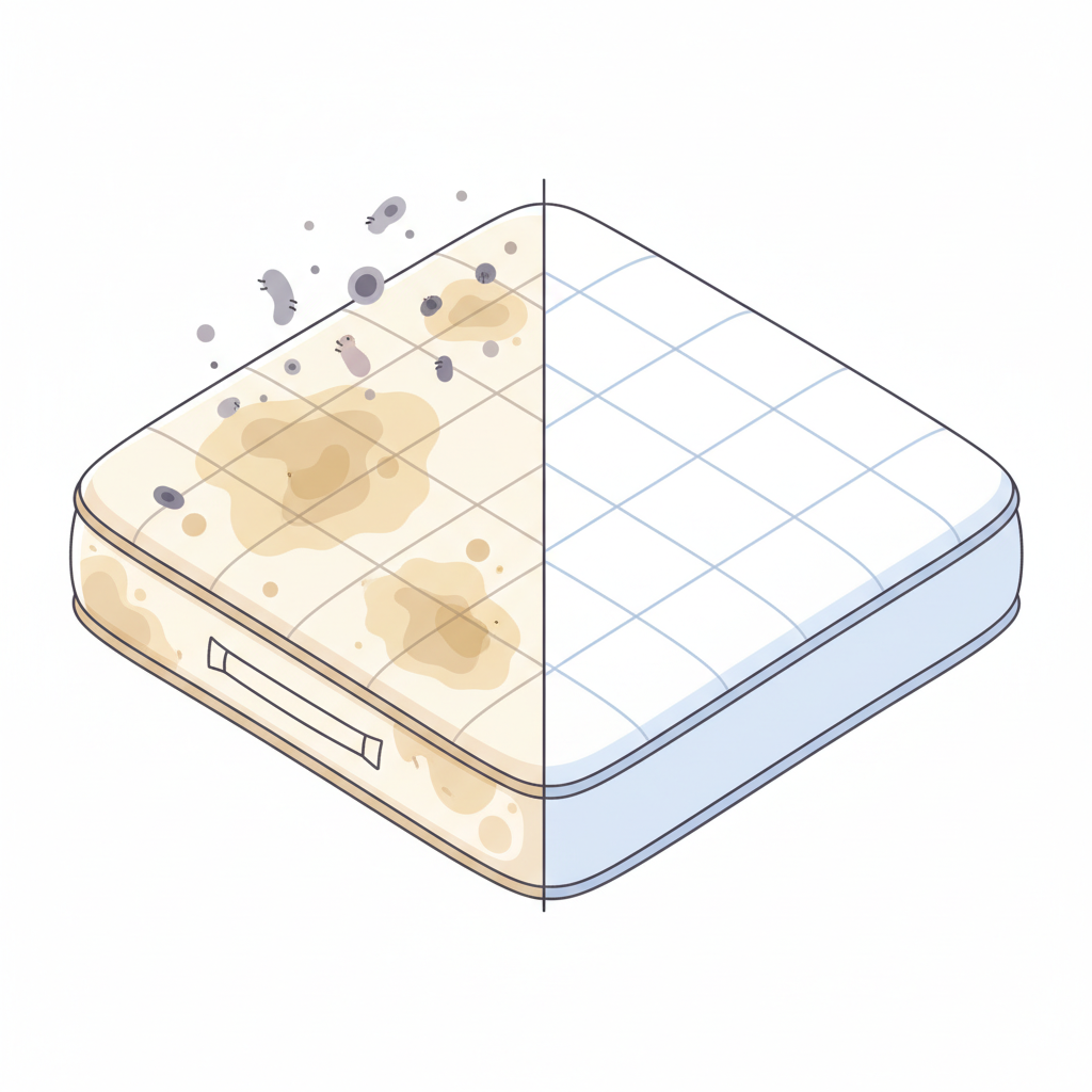 A split-view flat illustration depicting a mattress. One half shows a visibly stained, slightly dingy portion, with subtle, abstract representations of microscopic allergens or dust particles swirling above the surface, hinting at unseen contaminants. The other half displays a pristine, bright white mattress section, impeccably clean and inviting. The overall impression should be a clear contrast between an unhealthy and a hygienic sleeping environment, emphasizing the benefit of cleaning. Professional, clean lines, and a gentle color palette.
