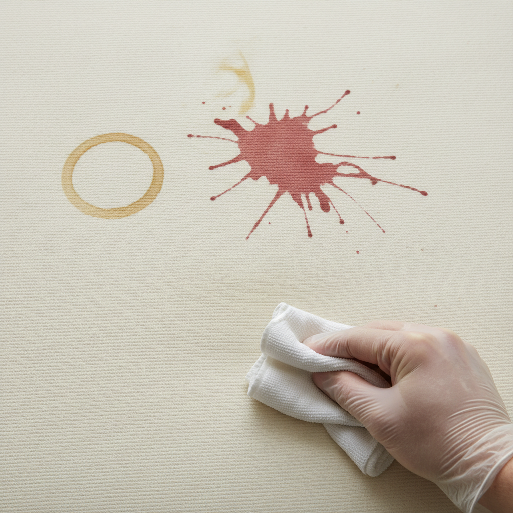 A professional close-up photo of various common stains (e.g., coffee, a small red wine spill, a faint yellow liquid mark) distinctly visible on a light-colored mattress fabric. In the foreground, a human hand, wearing a protective glove, is gently dabbing a small, unnoticeable corner of the mattress with a white cloth, testing a clear cleaning solution. The lighting should be bright and natural, highlighting the texture of the mattress and the different stain characteristics, conveying the preparation steps before full cleaning. Clean and practical aesthetic.