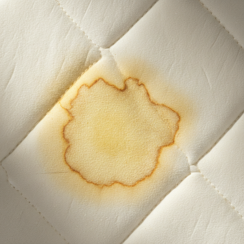 A detailed, high-resolution professional photo or realistic digital illustration focusing on a segment of a light-colored mattress. The scene prominently features a large, irregular yellow stain, appearing deep-seated and oxidized into the fabric. The texture of the mattress material (e.g., woven fabric or quilted pattern) should be clearly visible. Subtle visual cues like microscopic dust motes or a faint shadow might suggest the accumulation of impurities, emphasizing the unhygienic aspect of the stain. The lighting is soft and even, highlighting the unwanted discoloration effectively.
