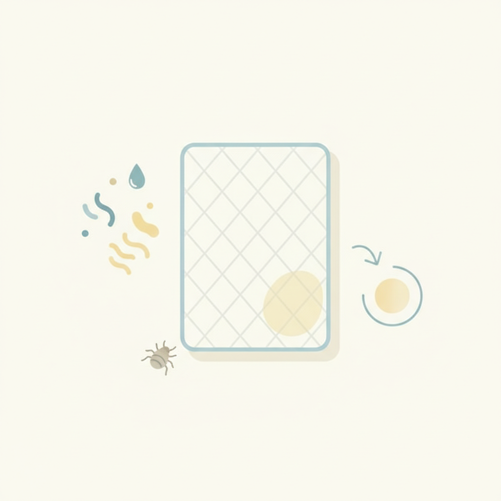 A clean, modern flat illustration in a light, approachable color palette. The central element is a simplified, stylized top-down or slight angle view of a mattress segment. Around and subtly interacting with the mattress, several distinct, icon-like visual elements represent the causes of yellow stains. These include: small, abstract sweat droplets and skin flakes; a tiny, schematic representation of a house dust mite; and a subtle, abstract oxidation symbol (e.g., a fading color gradient). The overall composition is balanced and easy to understand, conveying information purely through visual metaphors without any explicit labels.