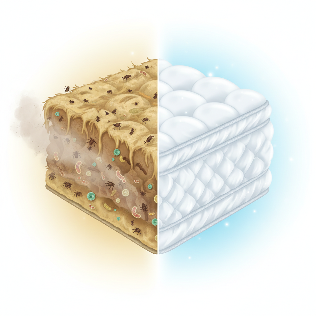 A detailed cross-section illustration of a mattress, visually depicting the consequences of neglect versus cleanliness. One half of the mattress is shown as a breeding ground: dingy, slightly discolored fibers housing numerous stylized, microscopic dust mites (small, insect-like) and bacteria (tiny spheres), subtly emitting a cloudy, dusty aura. The other half is pristine, bright white, and impeccably clean, with fluffy, untouched fibers, radiating a sense of freshness, hygiene, and well-being. The visual contrast should be striking, highlighting the 'before and after' of mattress cleanliness. Infographic style with high detail.