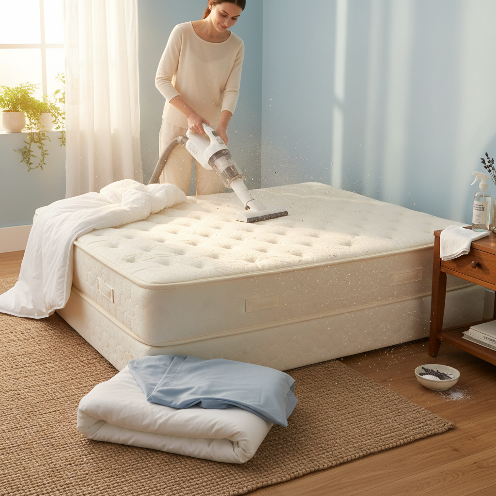 A professional photo depicting a bright, airy bedroom scene. A person, partially visible, is diligently vacuuming a mattress with a specialized attachment. The mattress is partially stripped of bedding, revealing its clean surface. Sunlight streams in through a window, illuminating subtle particles being lifted from the mattress by the vacuum, emphasizing the cleaning action. Nearby, subtle elements like a small spray bottle, a clean cloth, or a bowl of natural cleaning solution are visible, hinting at a thorough cleaning process. The overall atmosphere should convey freshness, active care, and improved hygiene, with a soft, inviting aesthetic.