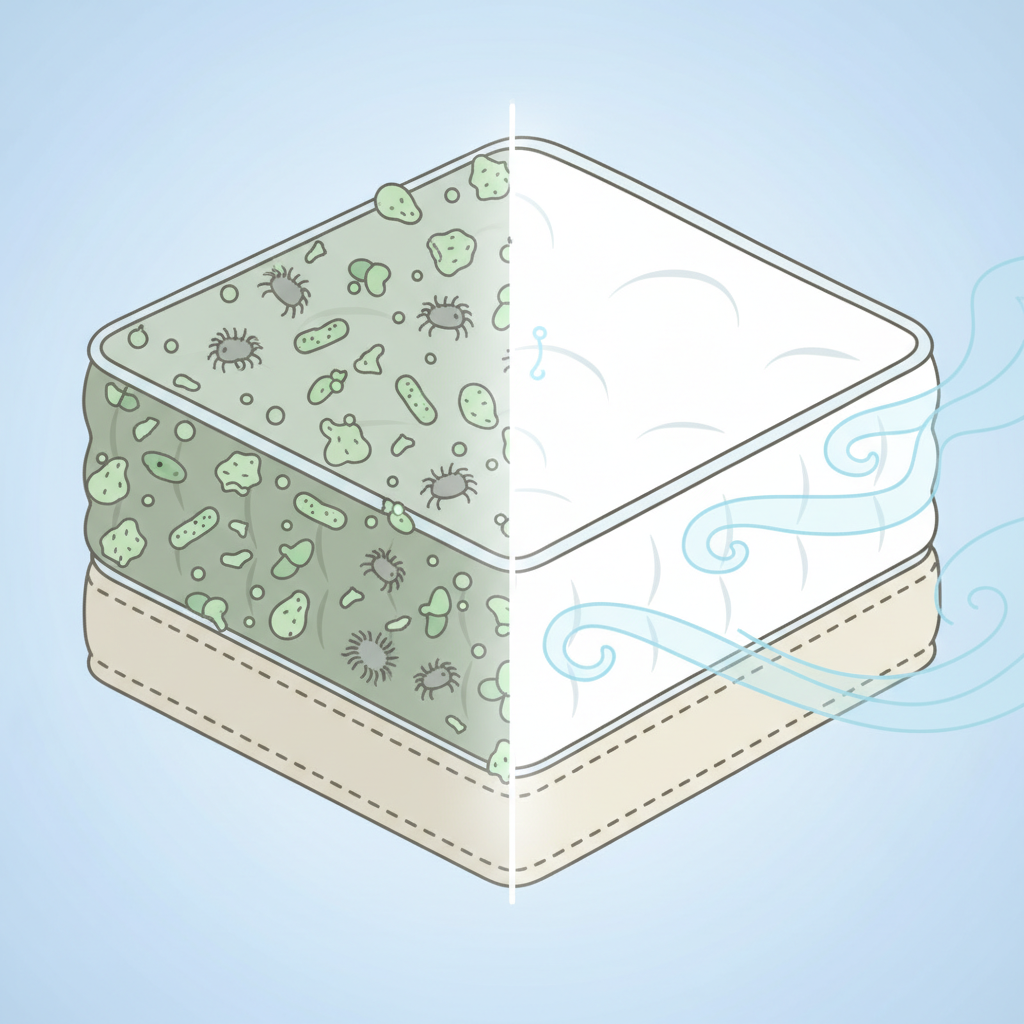 An infographic-style illustration depicting a cross-section of a mattress. On one side, it's visibly teeming with microscopic dust mites, bacteria, and tiny skin flakes, rendered in a slightly greenish or greyish hue to indicate uncleanliness. The other side is pristine white and fresh, perhaps with subtle, swirling clean air patterns. A clear visual separation down the middle emphasizes the contrast between an unhygienic and a hygienic sleeping environment. The overall feel should be clean and modern, conveying the unseen elements clearly without being overly gross.