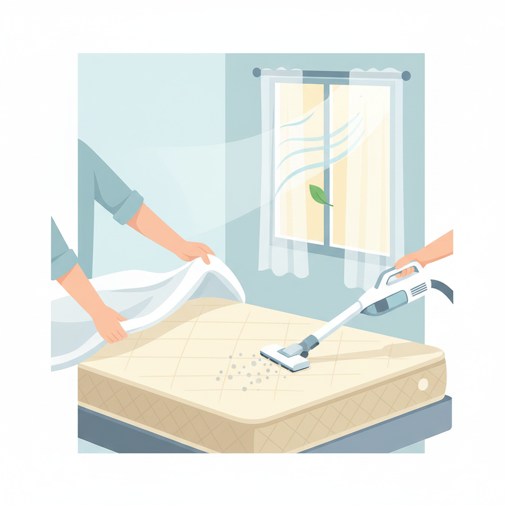 A clean, bright flat illustration showcasing the preparatory steps for mattress cleaning. The image features a stylized bedroom scene. In the foreground, hands are carefully removing a fitted sheet from a mattress. In the background, a window is open, letting in a gentle breeze, symbolizing aeration. Another element shows a modern, sleek vacuum cleaner with an upholstery attachment being used to vacuum the mattress surface. The overall color palette should be light and fresh, emphasizing cleanliness and a sense of ease, guiding the reader through the initial steps.