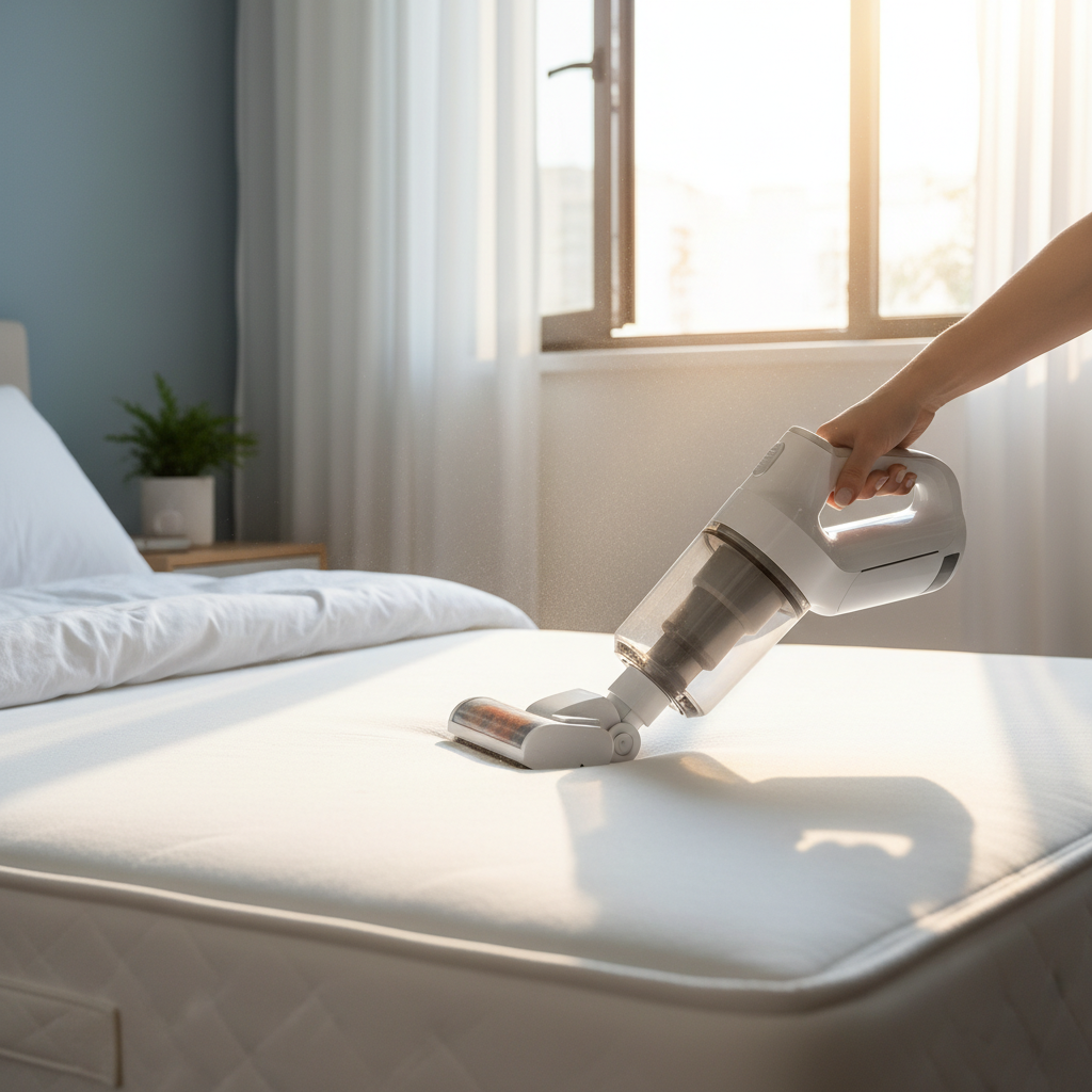 A professional photo depicting a bright, clean bedroom. A person's hands are gently vacuuming a pristine white mattress using a handheld vacuum cleaner with an upholstery attachment. Sunlight streams in through a slightly open window in the background, subtly suggesting fresh air circulation. The scene evokes a sense of freshness, cleanliness, and diligent home care, emphasizing the regular maintenance aspect of mattress hygiene and fresh air.
