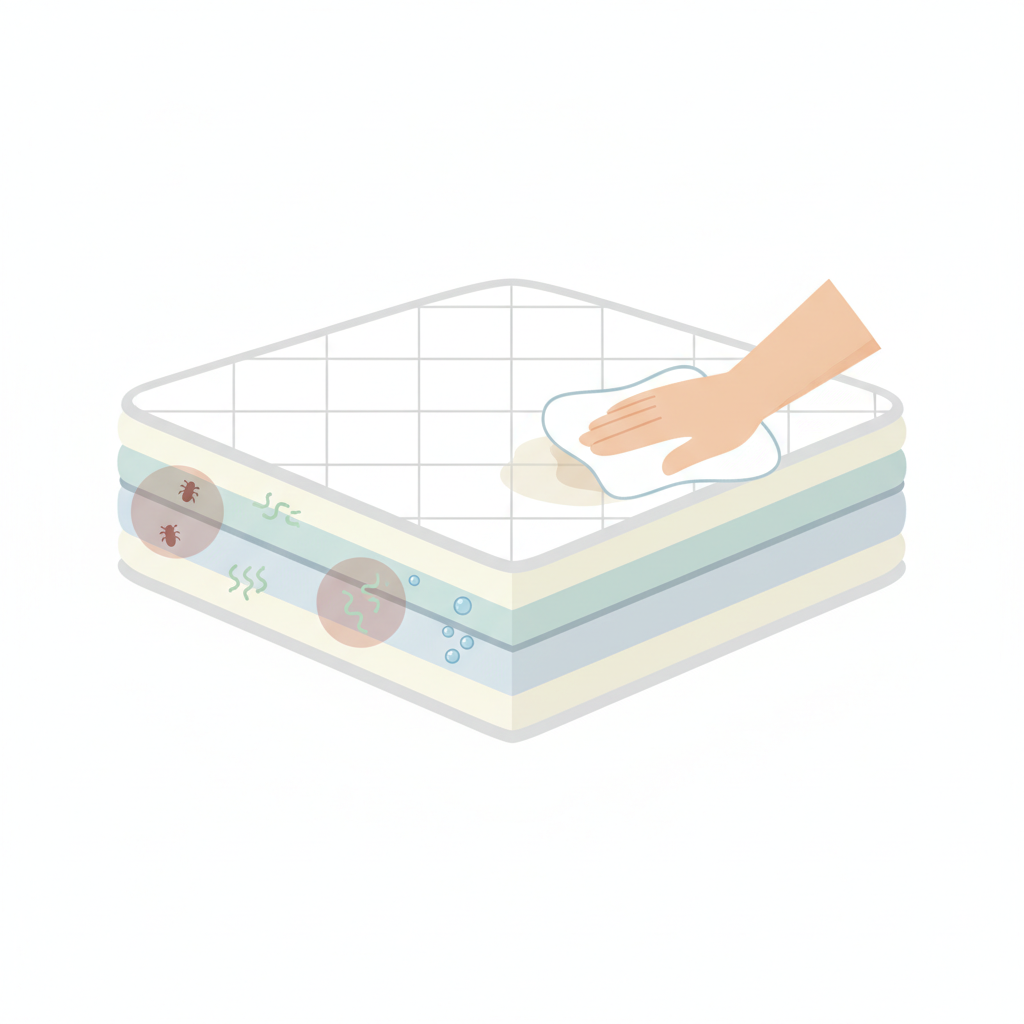 A modern, flat illustration showing a cross-section of a mattress. On one side, subtle, abstract representations of dust mites, allergens, and microscopic sweat droplets are depicted within the mattress layers. On the other side, a human hand gently dabs a small, indistinct stain on the mattress surface with a clean, absorbent cloth, illustrating the spot cleaning process. The overall aesthetic should be clean, informative, and visually appealing, highlighting both hidden issues and gentle solutions.