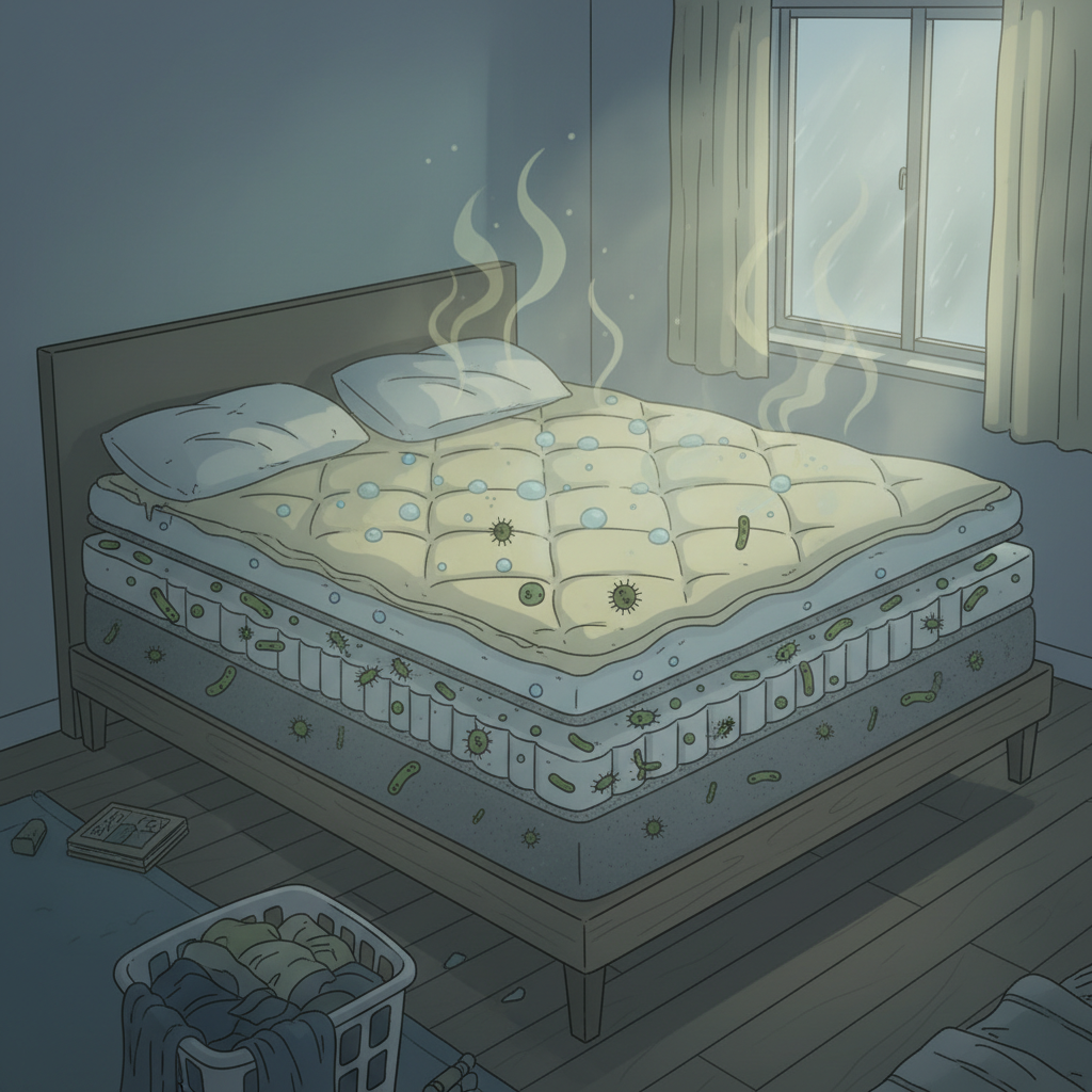 A detailed cross-section illustration of a mattress, showing various layers. Within the mattress's core, subtly depicted elements like condensation droplets indicating moisture, tiny abstract representations of mold spores, and symbolic bacteria figures are present. Faint, wavy lines emanate from the mattress, visually representing an unpleasant odor, but without any text or labels. The surrounding bedroom environment is slightly dim and humid, suggesting poor air circulation.
