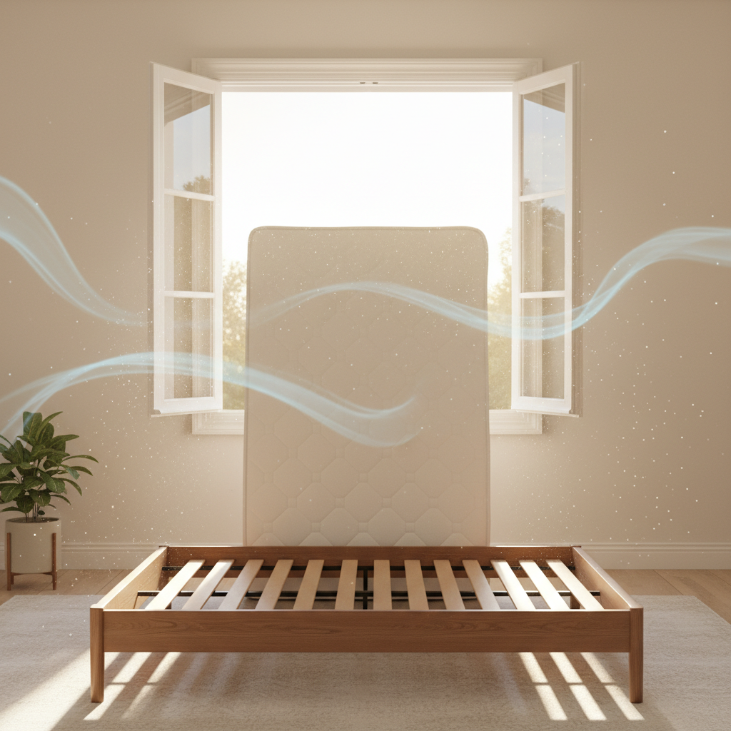 A bright, airy professional photograph of a spacious bedroom. A clean mattress is propped vertically against a light-colored wall, directly in front of a wide-open window. Sunlight streams through the window, illuminating dust motes dancing in the air. Subtle visual cues of fresh air currents, like gentle swirls or light blue lines, flow around and through the mattress, conveying ventilation. The bed frame is empty and tidy.