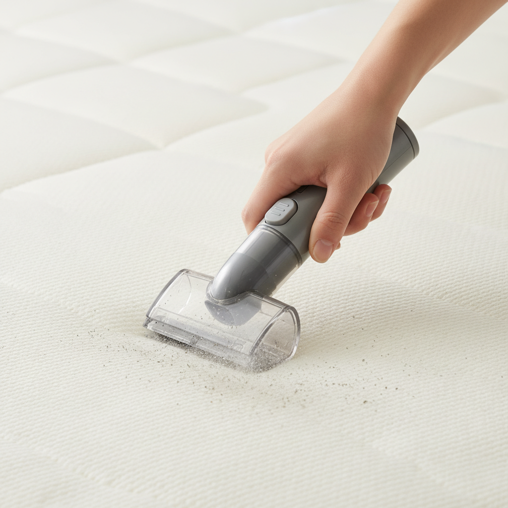 A close-up, professional studio-style photo focusing on a human hand holding a vacuum cleaner upholstery attachment. The nozzle is actively moving across the light-colored surface of a mattress, effectively lifting away fine dust particles, microscopic debris, and small, unseen specks into the vacuum. The mattress fabric shows texture and appears clean where the vacuum has passed, emphasizing thorough surface cleaning.